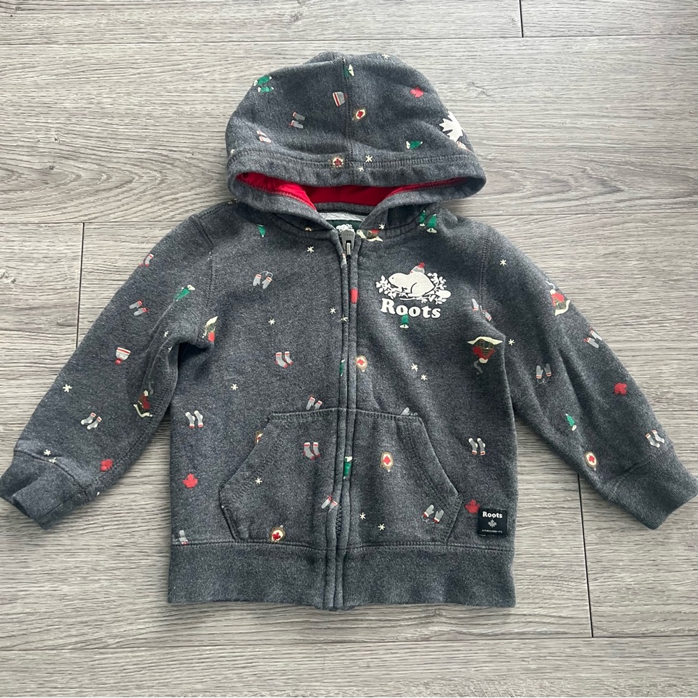 Roots Canada Kids Gray Full Zip Hoodie Christmas print